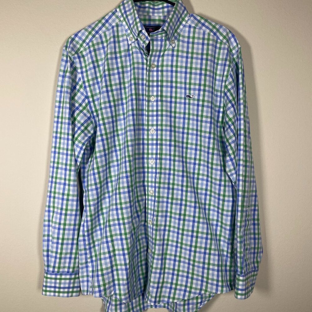 Vineyard Vines Men's Plaid Navy & Blue Button-Up Whale Shirt Small Cotton!